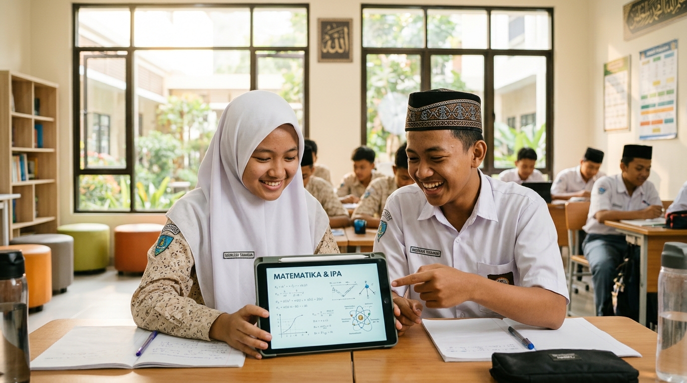 Dua santri madrasah antusias belajar sains dan matematika menggunakan tablet digital